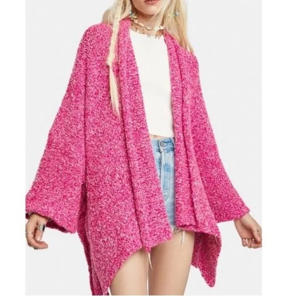 Free People Hot Pink Open Front Oversized Slouchy Cardigan Boucle Sweater M - Picture 1 of 13